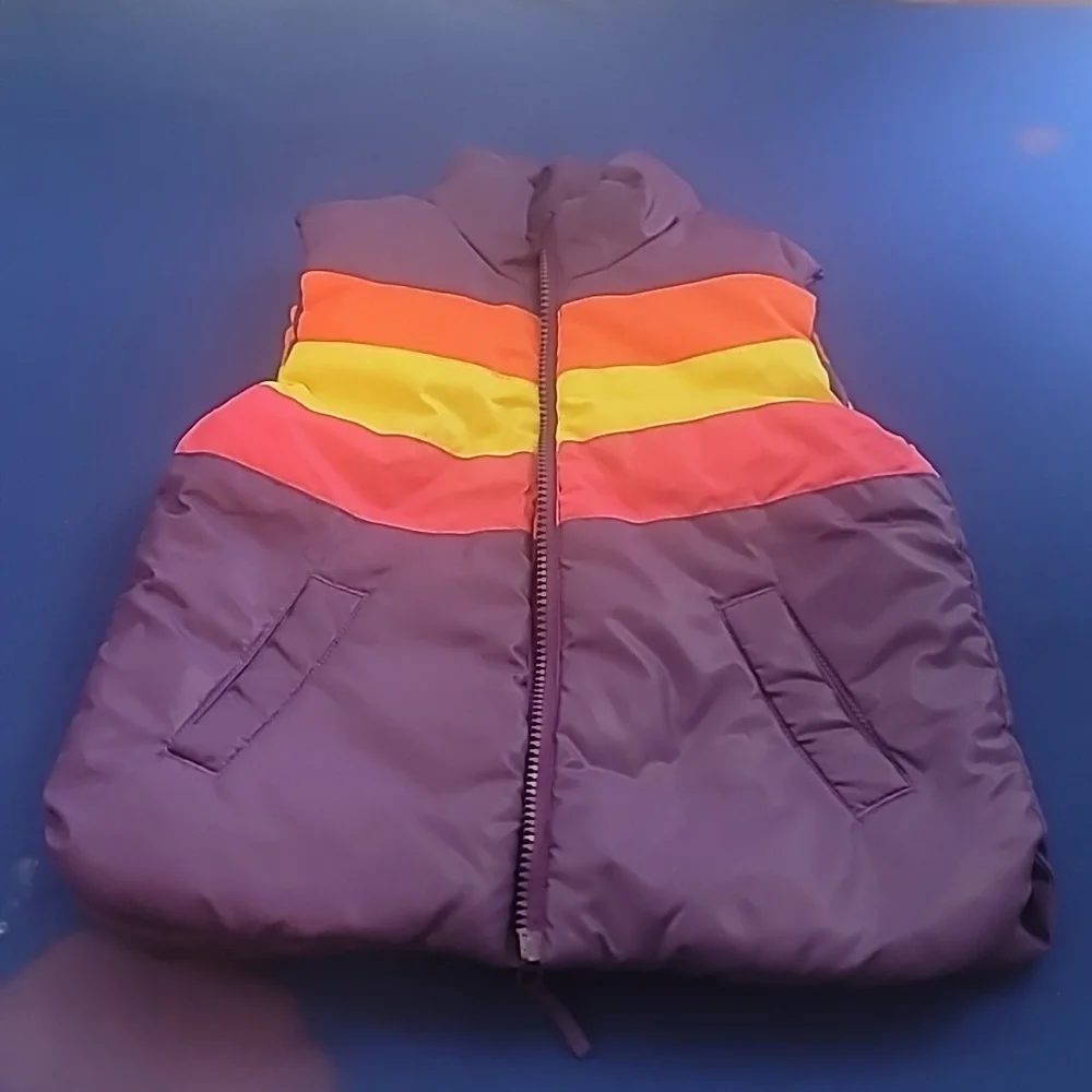 Reversible Purple Puffer Vest with Heart Patch One Side And Colorful Stripes
